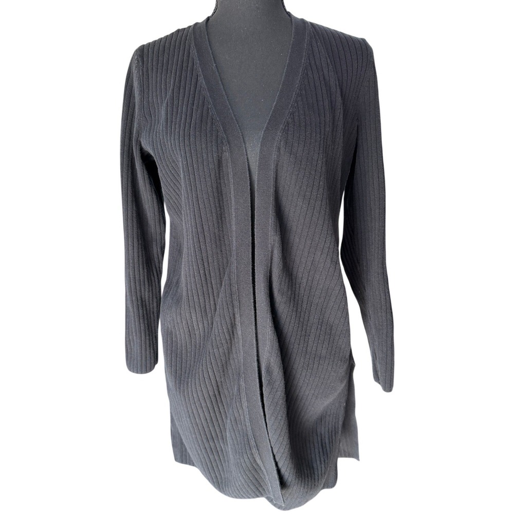 Talbots Petites Black Ribbed Longline Open Front Cardigan Womens Petite Medium